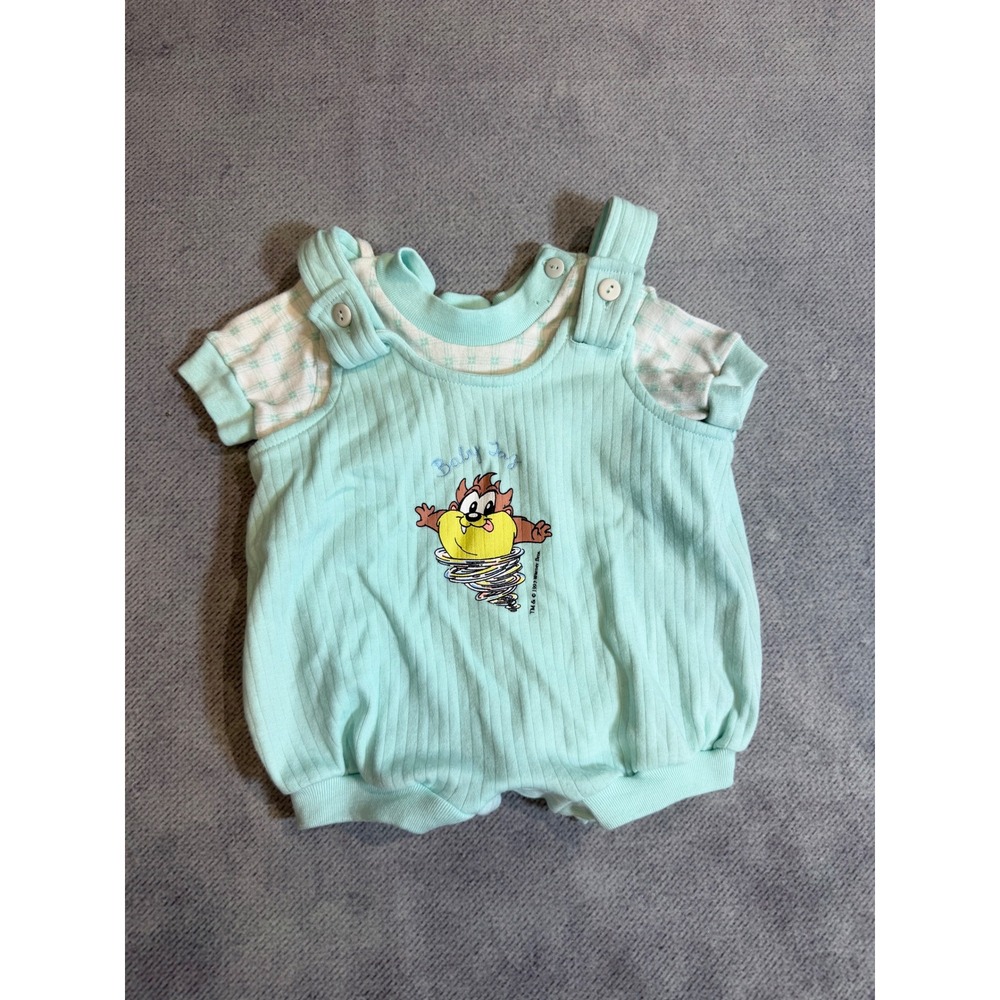 Vintage 1997 Looney Tunes Lovables Baby Taz Romper Set Mint Green 6-9 Months